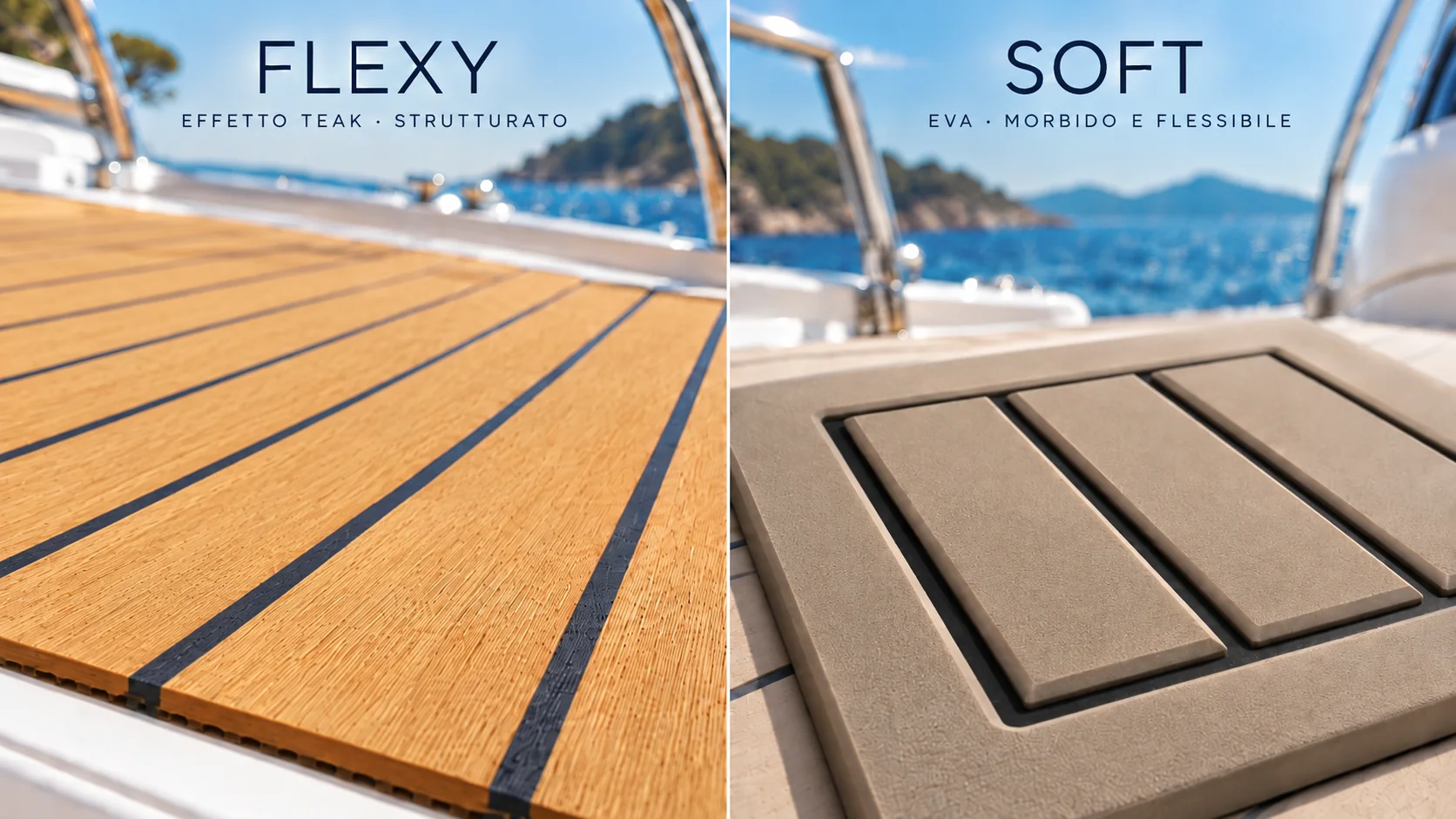 Confronto fotografico Luxiteak: a sinistra Flexy effetto teak con fughe nere, a destra Soft in schiuma EVA con lavorazione incisa
